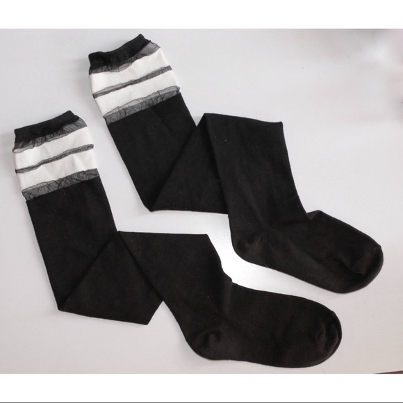 Over-The-Knee Top Striped Mesh Black Sock SET - Picture 2 of 5